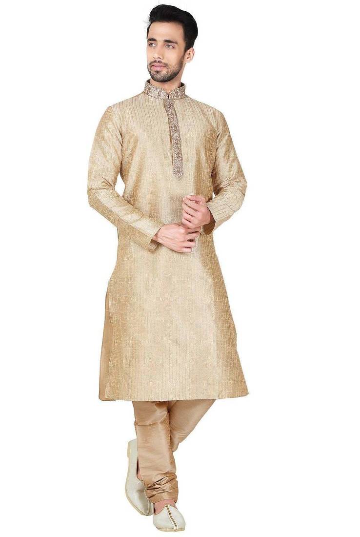 Gold  art silk mens  kurta with churidar set
