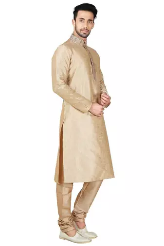 Gold  art silk mens  kurta with churidar set