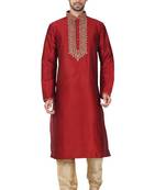 Maroon  art silk mens  kurta with churidar set