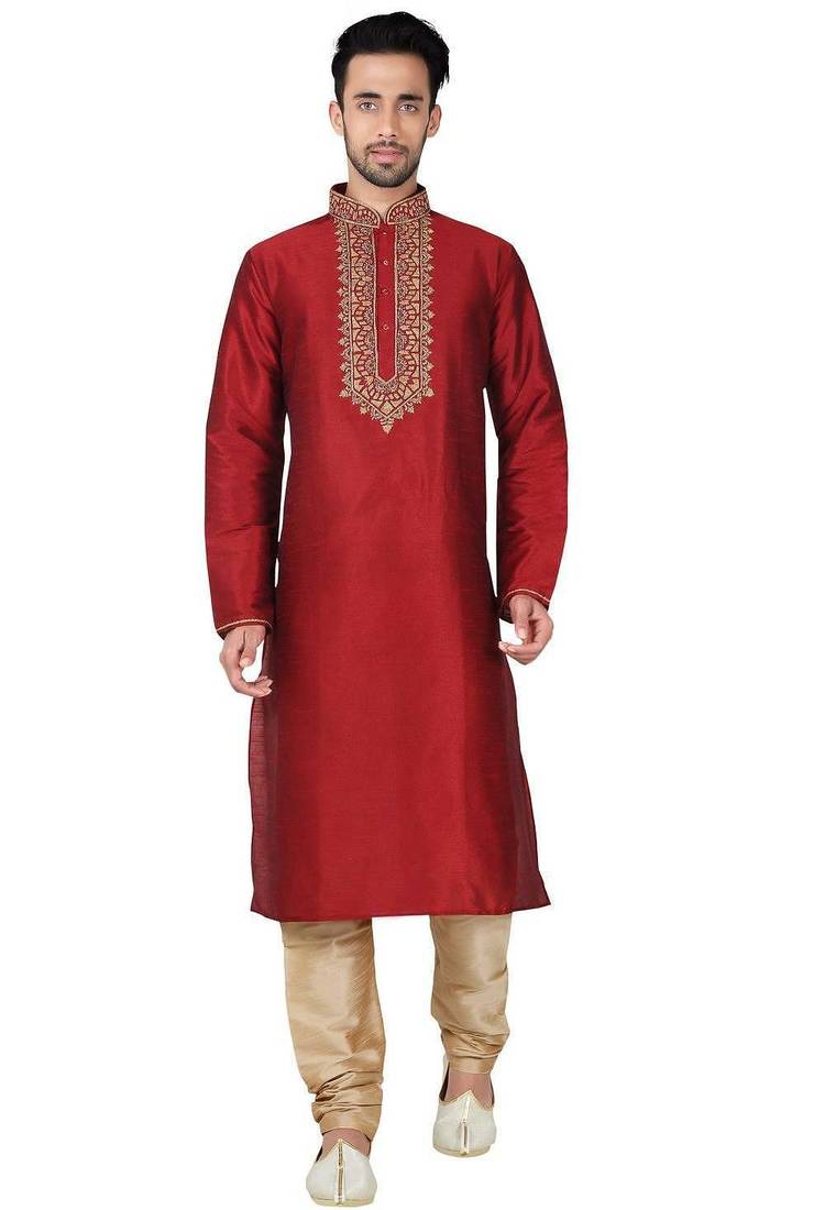 Maroon  art silk mens  kurta with churidar set