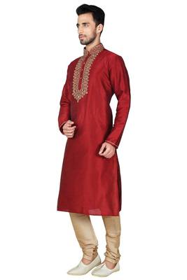 Maroon  art silk mens  kurta with churidar set 2