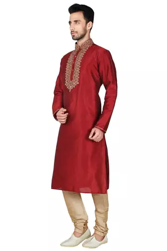 Maroon  art silk mens  kurta with churidar set