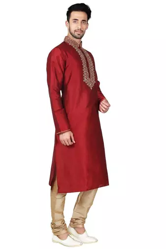 Maroon  art silk mens  kurta with churidar set