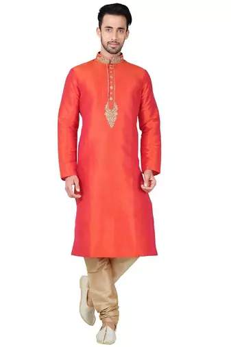 Orange art silk mens  kurta with churidar set