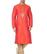 Orange art silk mens  kurta with churidar set