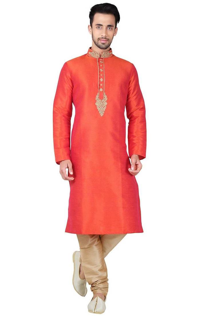Orange art silk mens  kurta with churidar set