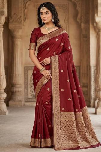 banarasi silk blend brown color woven saree with blouse