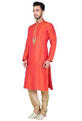 Orange art silk mens  kurta with churidar set 2