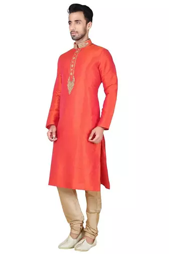 Orange art silk mens  kurta with churidar set