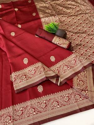 banarasi silk blend brown color woven saree with blouse 5