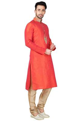 Orange art silk mens  kurta with churidar set 3