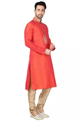 Orange art silk mens  kurta with churidar set