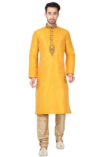 Yellow art silk mens  kurta with churidar set