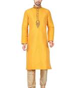 Yellow art silk mens  kurta with churidar set