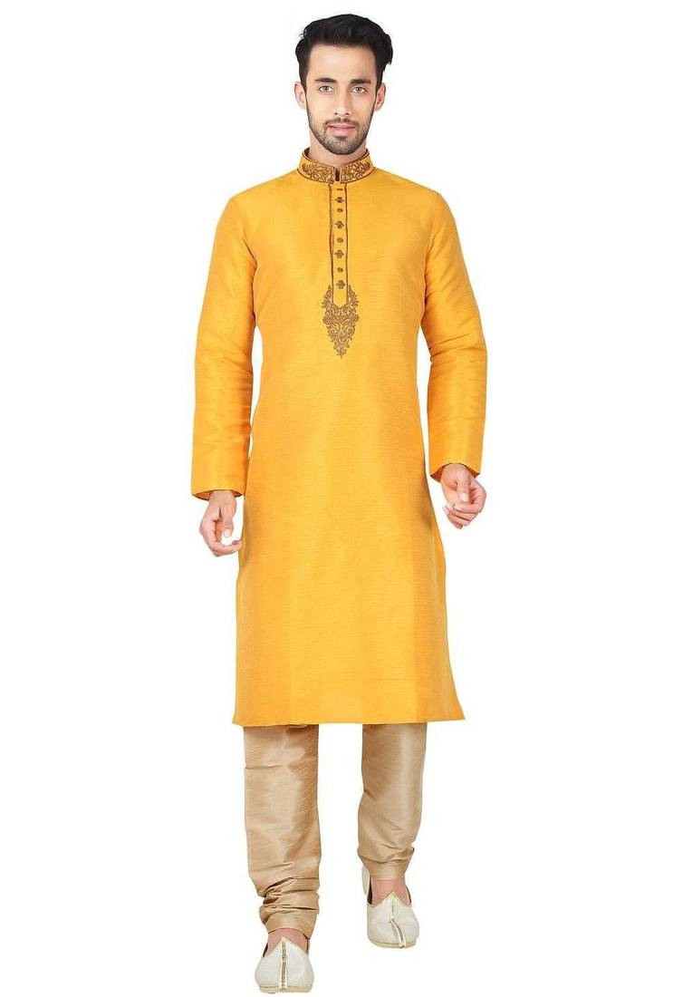 Yellow art silk mens  kurta with churidar set