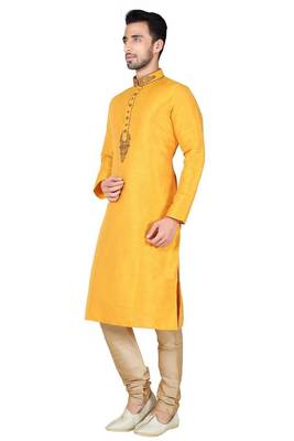 Yellow art silk mens  kurta with churidar set 2