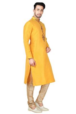 Yellow art silk mens  kurta with churidar set 3