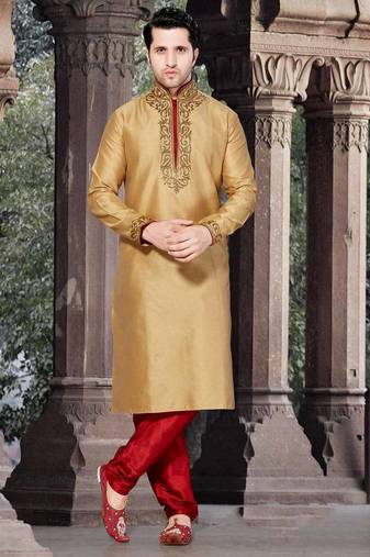 Gold art silk mens  kurta with churidar set