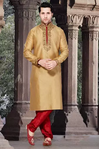 Gold art silk mens  kurta with churidar set
