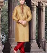 Gold art silk mens  kurta with churidar set