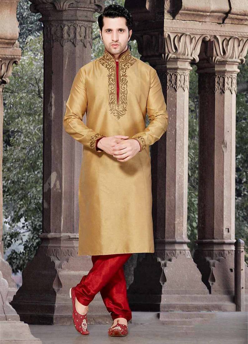 Gold art silk mens  kurta with churidar set