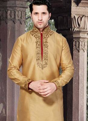 Gold art silk mens  kurta with churidar set 2
