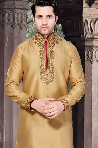 Gold art silk mens  kurta with churidar set