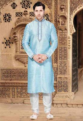 Blue art silk mens  kurta with churidar set 1