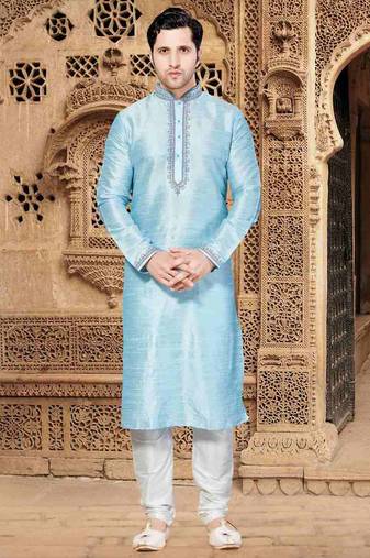 Blue art silk mens  kurta with churidar set
