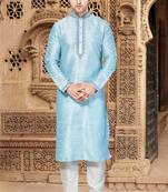Blue art silk mens  kurta with churidar set