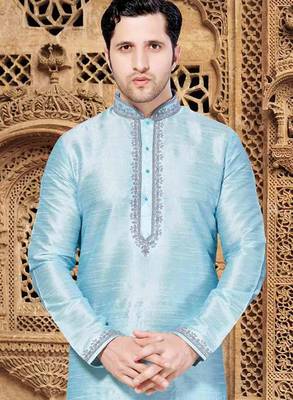 Blue art silk mens  kurta with churidar set 2