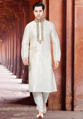 Cream art silk mens  kurta with churidar set 1