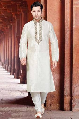 Cream art silk mens  kurta with churidar set