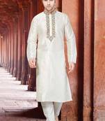 Cream art silk mens  kurta with churidar set