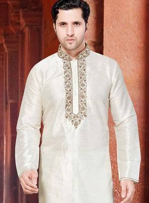 Cream art silk mens  kurta with churidar set 2