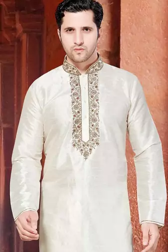 Cream art silk mens  kurta with churidar set