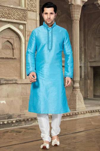 Blue art silk mens  kurta with churidar set
