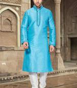 Blue art silk mens  kurta with churidar set