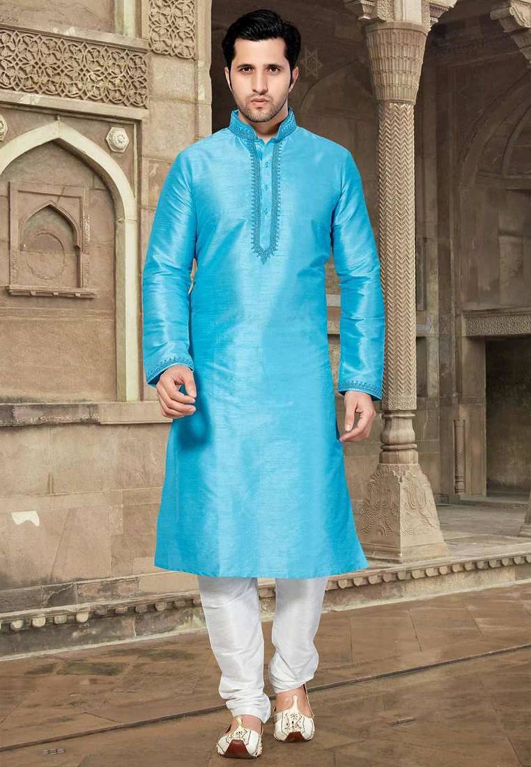 Blue art silk mens  kurta with churidar set