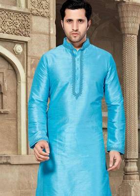 Blue art silk mens  kurta with churidar set 2