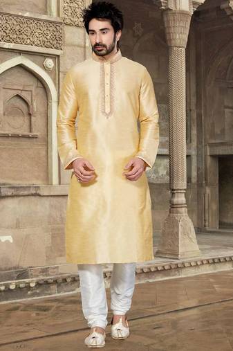 Dark fawn art silk mens  kurta with churidar set