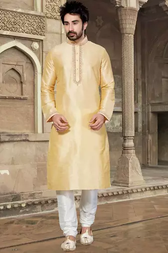 Dark fawn art silk mens  kurta with churidar set