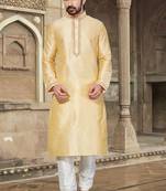 Dark fawn art silk mens  kurta with churidar set