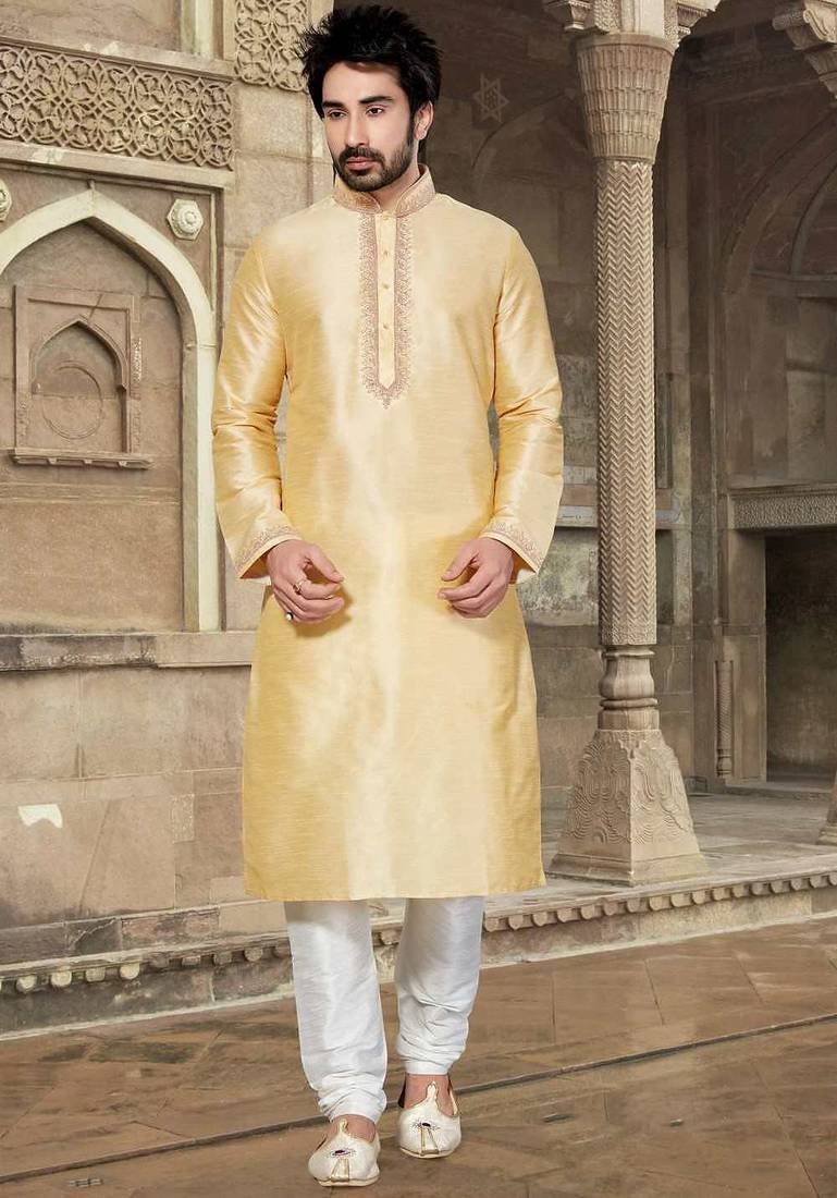 Dark fawn art silk mens  kurta with churidar set