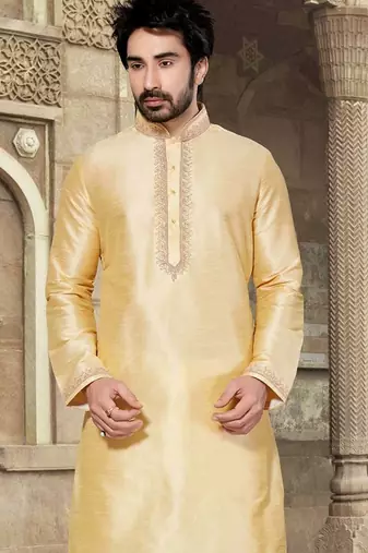 Dark fawn art silk mens  kurta with churidar set