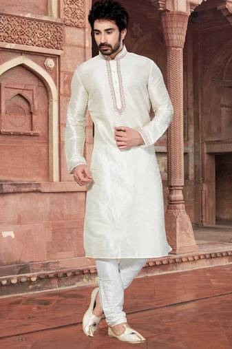 Cream art silk mens  kurta with churidar set