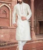 Cream art silk mens  kurta with churidar set