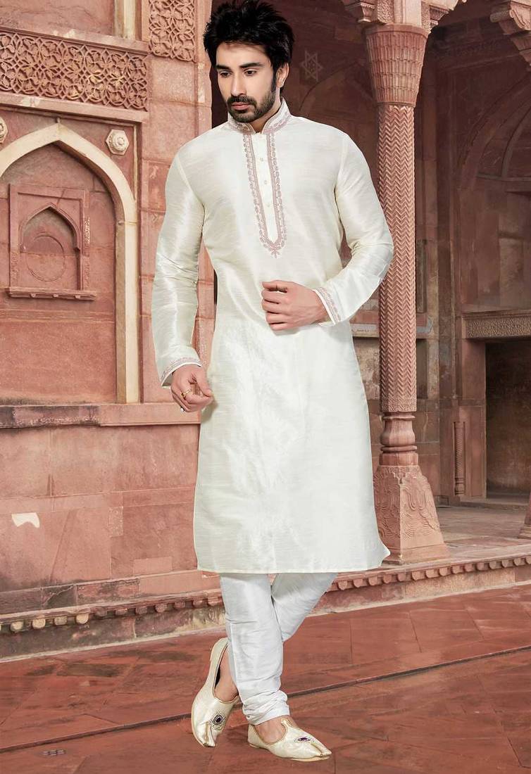 Cream art silk mens  kurta with churidar set