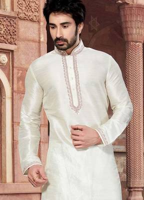 Cream art silk mens  kurta with churidar set 2