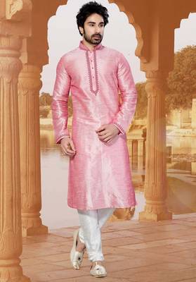 Pink  art silk mens  kurta with churidar set 1